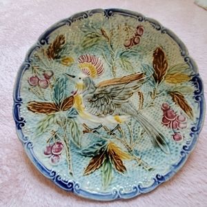 Antique 1800-1899 Victorian Majolica 10" Bird Plate Wasmuel Factory in Belgium